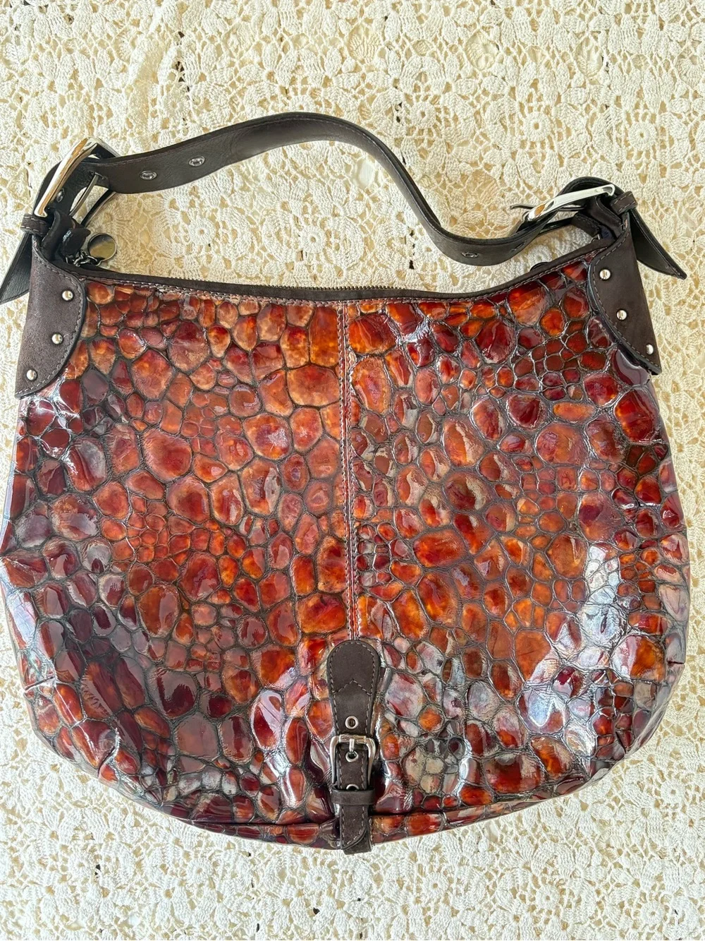 Donald J. Pliner Brown Suede  Crocodile Embossed Hobo Shoulder bag